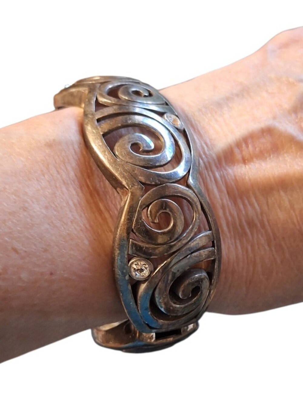 Brighton Signed Silver-Tone Swirl Cuff Bracelet w/ Rhinestones Hinged